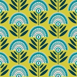 Bold Retro Floral | Small Scale | Chartreuse & Blue Flowers