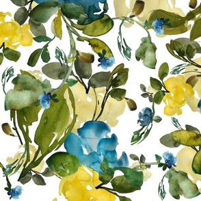 White Blue Yellow Large Scale Floral Watercolor 