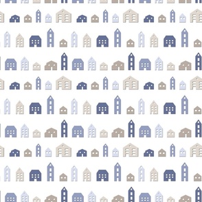 Retro Paper Houses Town in beige, blue, and white