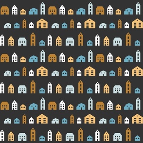 Retro Paper Houses Town in gold, blue, and black