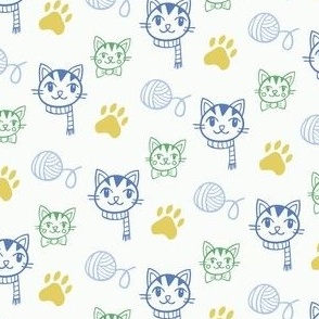 Kittens, Paws and Yarn Balls in greens and blues and yellow
