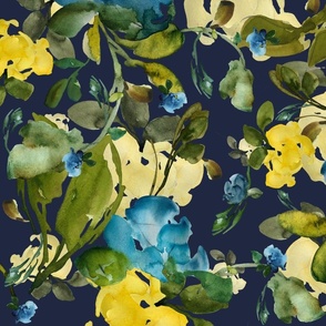 Large Scale Navy Floral Modern Moody Flowers Watercolor