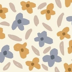 Messy_Ditsy_Flowers_-_Blue__Mustard__beige_on_Cream