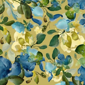 Modern Floral Watercolor Flowers Blue Vintage 