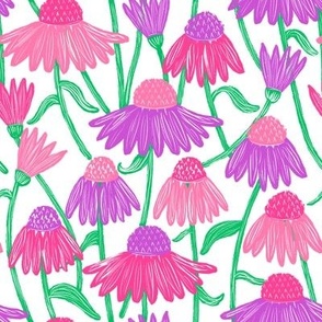 Wood Carved Coneflower Field, Purple Pink on White by Brittanylane