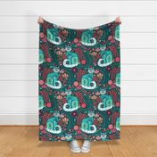 Maximalist Cats Botanical on Teal - XL