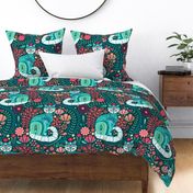 Maximalist Cats Botanical on Teal - XL