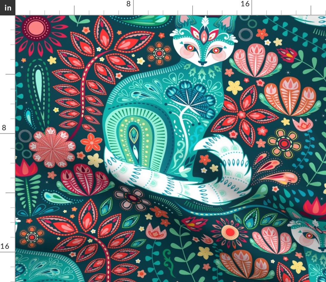 Maximalist Cats Botanical on Teal - XL