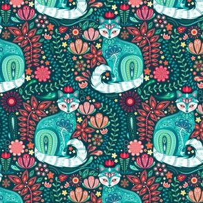  Maximalist Cats Botanical on Teal