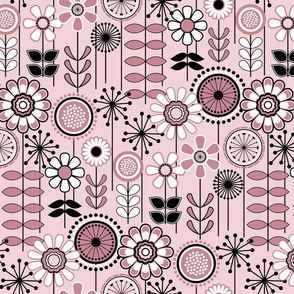 Mid Century Modern (MCM) Scandinavian Flower Field // Petals Coordinate Cotton Candy, Mauve Pink, Black and White // Small Scale - 500 DPI