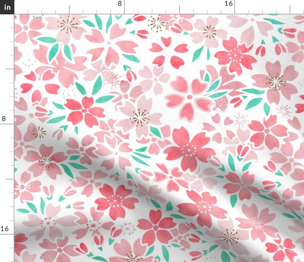 Cherry Blossom- White Background- Medium- Sakura Flower- Spring Flowers- Japanese Floral- Japan- Coral- Mint- Cotton Candy- Floral Nursery Wallpaper- Home Decor Fabric- Kawaii