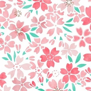 Cherry Blossom- White Background- Small- Sakura Flower- Spring Flowers- Japanese Floral- Japan- Coral- Mint- Cotton Candy- Floral Nursery Wallpaper- Home Decor Fabric- Kawaii