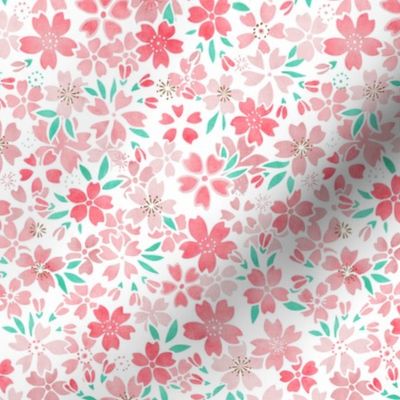 Cherry Blossom- White Background- Mini- Sakura Flower- Spring Flowers- Japanese Floral- Japan- Coral- Mint- Cotton Candy- Floral Nursery Wallpaper- Home Decor Fabric- Kawaii