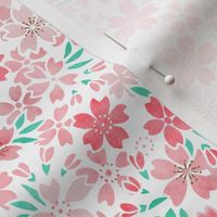 Cherry Blossom- White Background- Mini- Sakura Flower- Spring Flowers- Japanese Floral- Japan- Coral- Mint- Cotton Candy- Floral Nursery Wallpaper- Home Decor Fabric- Kawaii