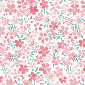Cherry Blossom- White Background- Mini- Sakura Flower- Spring Flowers- Japanese Floral- Japan- Coral- Mint- Cotton Candy- Floral Nursery Wallpaper- Home Decor Fabric- Kawaii