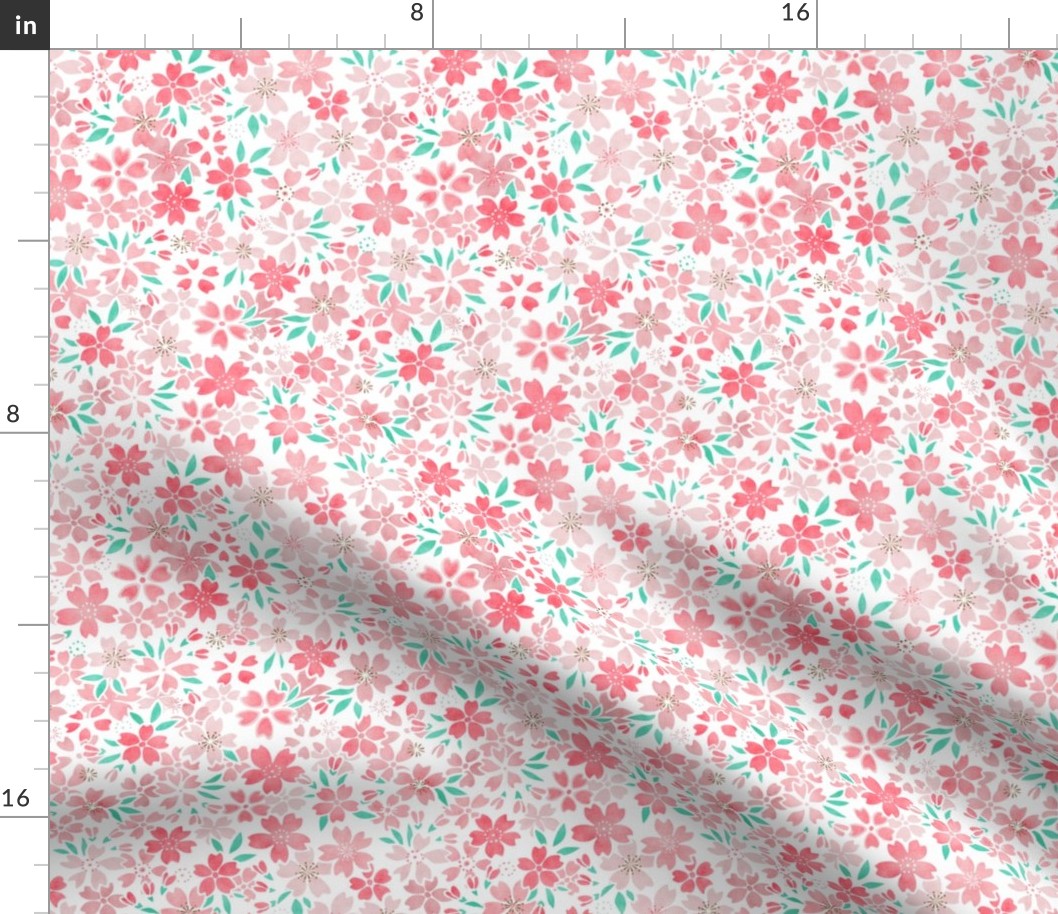 Cherry Blossom- White Background- Mini- Sakura Flower- Spring Flowers- Japanese Floral- Japan- Coral- Mint- Cotton Candy- Floral Nursery Wallpaper- Home Decor Fabric- Kawaii