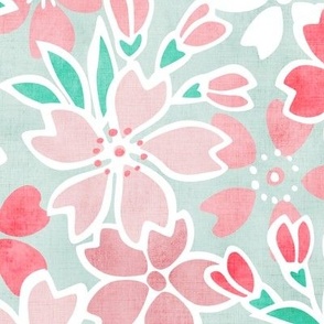 Cherry Blossom- Sea Glass- Large- Sakura Flower- Spring Flowers- Japanese Floral- Japan- Coral- Mint- Cotton Candy- Pink- Floral Nursery Wallpaper- Home Decor Fabric- Kawaii
