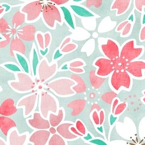 Cherry Blossom- Sea Glass- Medium- Sakura Flower- Spring Flowers- Japanese Floral- Japan- Coral- Mint- Cotton Candy- Pink- Floral Nursery Wallpaper- Home Decor Fabric- Kawaii