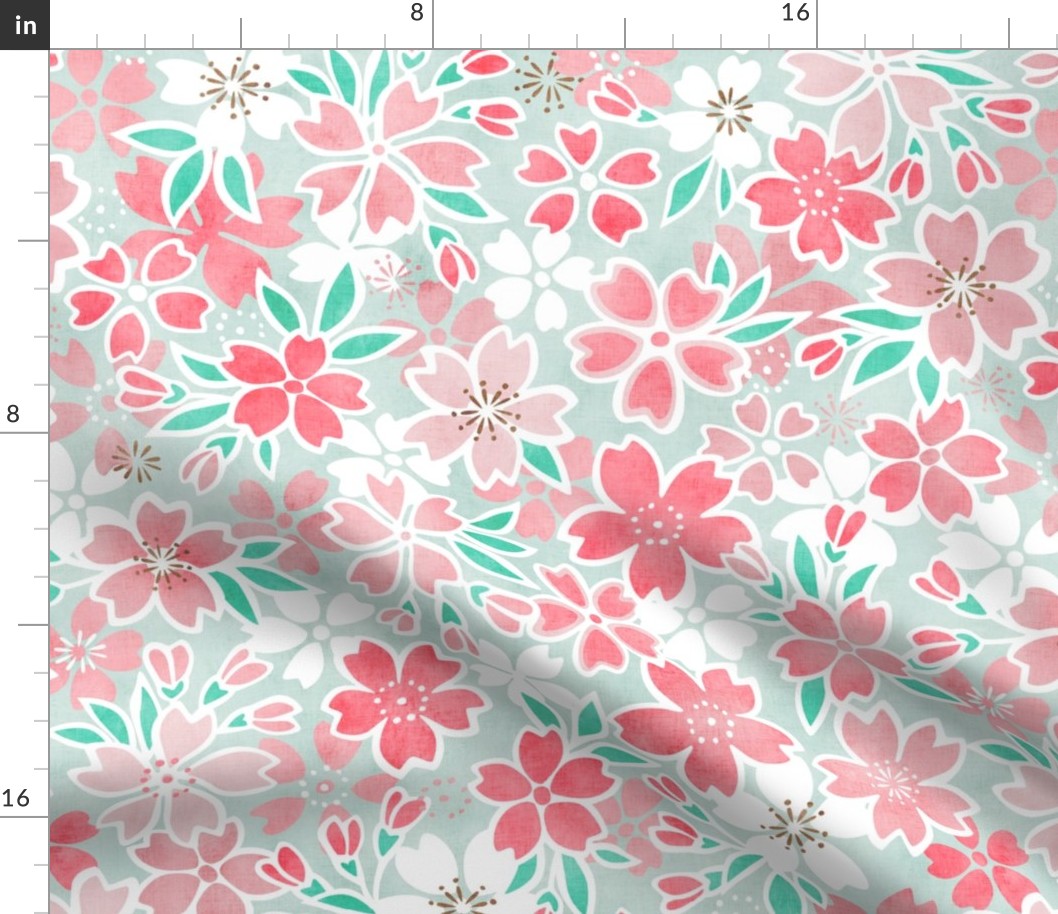 Cherry Blossom- Sea Glass- Medium- Sakura Flower- Spring Flowers- Japanese Floral- Japan- Coral- Mint- Cotton Candy- Pink- Floral Nursery Wallpaper- Home Decor Fabric- Kawaii