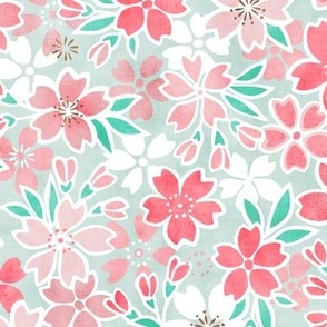 Cherry Blossom- Sea Glass- Small- Sakura Flower- Spring Flowers- Japanese Floral- Japan- Coral- Mint- Cotton Candy- Pink- Floral Nursery Wallpaper- Home Decor Fabric- Kawaii