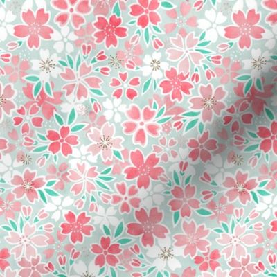 Cherry Blossom- Sea Glass- Mini- Sakura Flower- Spring Flowers- Japanese Floral- Japan- Coral- Mint- Cotton Candy- Pink- Floral Nursery Wallpaper- Home Decor Fabric- Kawaii