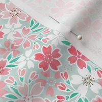 Cherry Blossom- Sea Glass- Mini- Sakura Flower- Spring Flowers- Japanese Floral- Japan- Coral- Mint- Cotton Candy- Pink- Floral Nursery Wallpaper- Home Decor Fabric- Kawaii