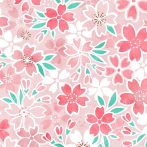 Cherry Blossom- Pink- Large- Sakura Flower- Spring Flowers- Japanese Floral- Japan- Coral- Mint- Cotton Candy- Floral Nursery Wallpaper- Home Decor Fabric- Kawaii