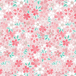 Cherry Blossom- Pink- Small- Sakura Flower- Spring Flowers- Japanese Floral- Japan- Coral- Mint- Cotton Candy- Floral Nursery Wallpaper- Home Decor Fabric- Kawaii