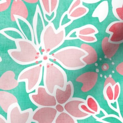 Cherry Blossom- Mint- Large- Sakura Flower- Spring Flowers- Japanese Floral- Japan- Coral- Mint- Cotton Candy- Pink- Floral Nursery Wallpaper- Home Decor Fabric- Kawaii