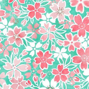 Cherry Blossom- Mint- Large- Sakura Flower- Spring Flowers- Japanese Floral- Japan- Coral- Mint- Cotton Candy- Pink- Floral Nursery Wallpaper- Home Decor Fabric- Kawaii