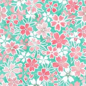 Cherry Blossom- Mint- Medium- Sakura Flower- Spring Flowers- Japanese Floral- Japan- Coral- Mint- Cotton Candy- Pink- Floral Nursery Wallpaper- Home Decor Fabric- Kawaii