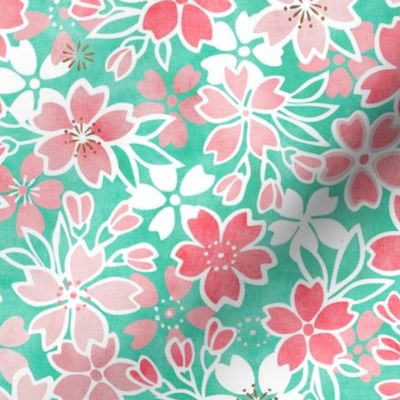 Cherry Blossom- Mint- Small- Sakura Flower- Spring Flowers- Japanese Floral- Japan- Coral- Mint- Cotton Candy- Pink- Floral Nursery Wallpaper- Home Decor Fabric- Kawaii