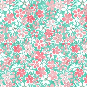 Cherry Blossom- Mint- Small- Sakura Flower- Spring Flowers- Japanese Floral- Japan- Coral- Mint- Cotton Candy- Pink- Floral Nursery Wallpaper- Home Decor Fabric- Kawaii