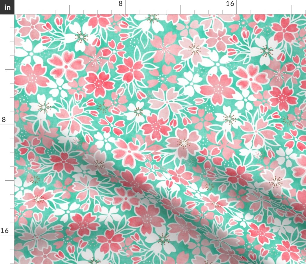 Cherry Blossom- Mint- Small- Sakura Flower- Spring Flowers- Japanese Floral- Japan- Coral- Mint- Cotton Candy- Pink- Floral Nursery Wallpaper- Home Decor Fabric- Kawaii