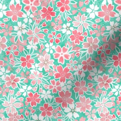 Cherry Blossom- Mint- Mini- Sakura Flower- Spring Flowers- Japanese Floral- Japan- Coral- Mint- Cotton Candy- Pink- Floral Nursery Wallpaper- Home Decor Fabric- Kawaii