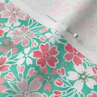 Cherry Blossom- Mint- Mini- Sakura Flower- Spring Flowers- Japanese Floral- Japan- Coral- Mint- Cotton Candy- Pink- Floral Nursery Wallpaper- Home Decor Fabric- Kawaii