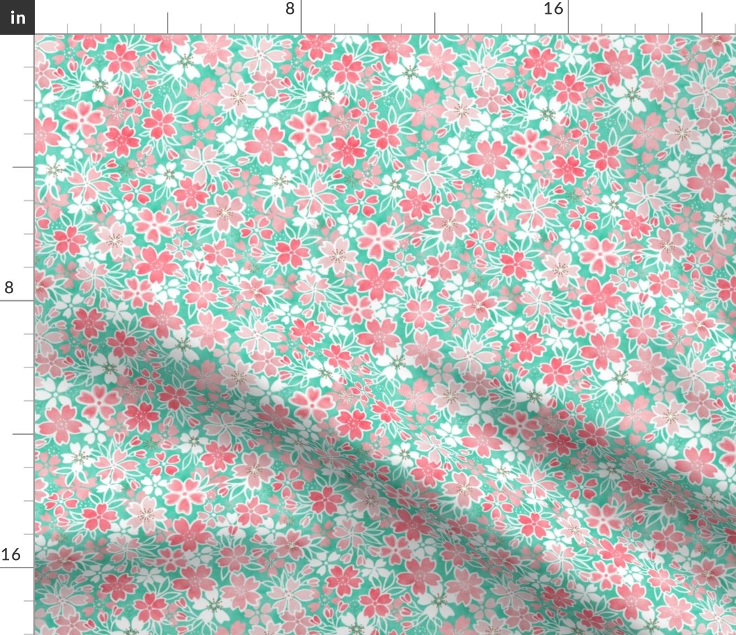Cherry Blossom- Mint- Mini- Sakura Flower- Spring Flowers- Japanese Floral- Japan- Coral- Mint- Cotton Candy- Pink- Floral Nursery Wallpaper- Home Decor Fabric- Kawaii