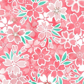 Cherry Blossom- Coral- Large- Sakura Flower- Spring Flowers- Japanese Floral- Japan- Pink- Mint- Cotton Candy- Floral Nursery Wallpaper- Home Decor Fabric- Kawaii