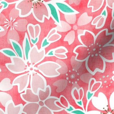 Cherry Blossom- Coral- Medium- Sakura Flower- Spring Flowers- Japanese Floral- Japan- Pink- Mint- Cotton Candy- Floral Nursery Wallpaper- Home Decor Fabric- Kawaii