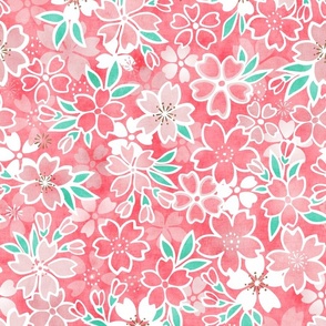 Cherry Blossom- Coral- Medium- Sakura Flower- Spring Flowers- Japanese Floral- Japan- Pink- Mint- Cotton Candy- Floral Nursery Wallpaper- Home Decor Fabric- Kawaii