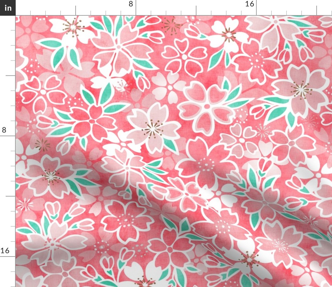 Cherry Blossom- Coral- Medium- Sakura Flower- Spring Flowers- Japanese Floral- Japan- Pink- Mint- Cotton Candy- Floral Nursery Wallpaper- Home Decor Fabric- Kawaii