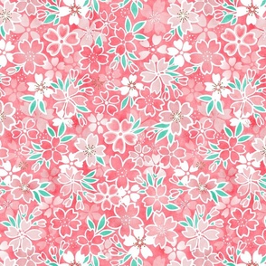 Cherry Blossom- Coral- Small- Sakura Flower- Spring Flowers- Japanese Floral- Japan- Pink- Mint- Cotton Candy- Floral Nursery Wallpaper- Home Decor Fabric- Kawaii