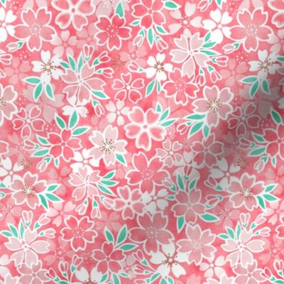 Cherry Blossom- Coral- Mini- Sakura Flower- Spring Flowers- Japanese Floral- Japan- Pink- Mint- Cotton Candy- Floral Nursery Wallpaper- Home Decor Fabric- Kawaii