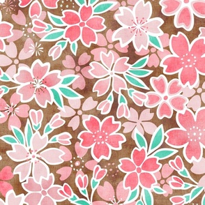 Cherry Blossom- Brown- Large- Sakura Flower- Spring Flowers- Japanese Floral- Japan- Coral- Mint- Cotton Candy- Pink- Floral Nursery Wallpaper- Home Decor Fabric- Kawaii