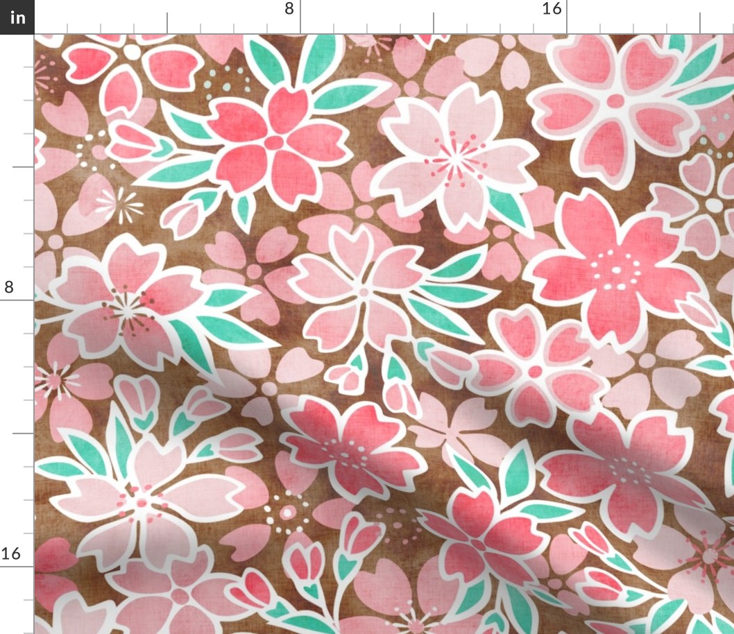 Cherry Blossom- Brown- Large- Sakura Flower- Spring Flowers- Japanese Floral- Japan- Coral- Mint- Cotton Candy- Pink- Floral Nursery Wallpaper- Home Decor Fabric- Kawaii