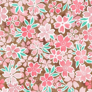 Cherry Blossom- Brown- Medium- Sakura Flower- Spring Flowers- Japanese Floral- Japan- Coral- Mint- Cotton Candy- Pink- Floral Nursery Wallpaper- Home Decor Fabric- Kawaii