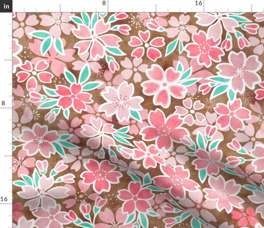 Cherry Blossom- Brown- Medium- Sakura Flower- Spring Flowers- Japanese Floral- Japan- Coral- Mint- Cotton Candy- Pink- Floral Nursery Wallpaper- Home Decor Fabric- Kawaii