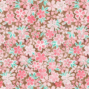 Cherry Blossom- Brown- Small- Sakura Flower- Spring Flowers- Japanese Floral- Japan- Coral- Mint- Cotton Candy- Pink- Floral Nursery Wallpaper- Home Decor Fabric- Kawaii