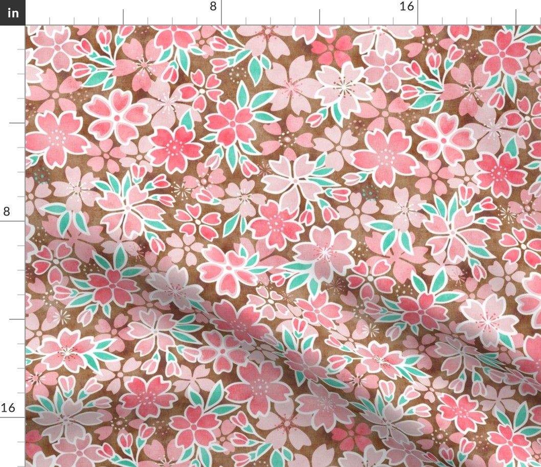 Cherry Blossom- Brown- Small- Sakura Flower- Spring Flowers- Japanese Floral- Japan- Coral- Mint- Cotton Candy- Pink- Floral Nursery Wallpaper- Home Decor Fabric- Kawaii