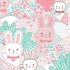 Easter Bunnies- Sakura Bloom -Extra Large- Cherry Blossom- Spring- Japanese- Japan- Pink- Mint- Cotton Candy- Seaglass- Wallpaper- Home Decor Fabric- Kidcore- Kawaii- Cute